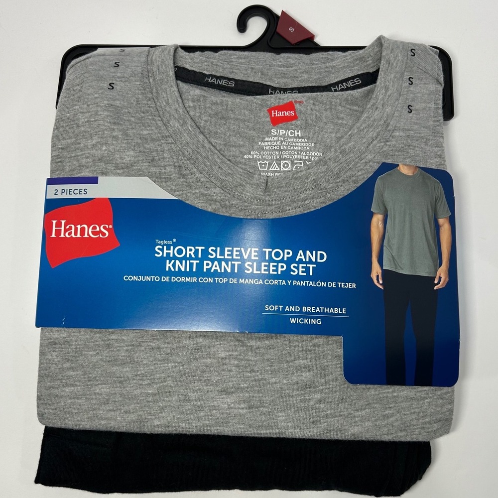 Hanes Men‎ Short Sleeve Top and Knit Pant Sleep Set Grey Black Size Small